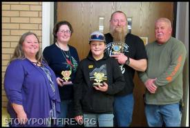 Pictured Left to Right:  Stony Point Global Methodist Church Chili Cook-Off Organizer, Natasha Richards; Best Dessert winner, Lee Ann Sherrill; Best Tasting Soup winner, Jeremiah Richards; Most Creative Chili winner, Aaron Richards; and Stony Point VFD Chief, Scotty Abernathy.